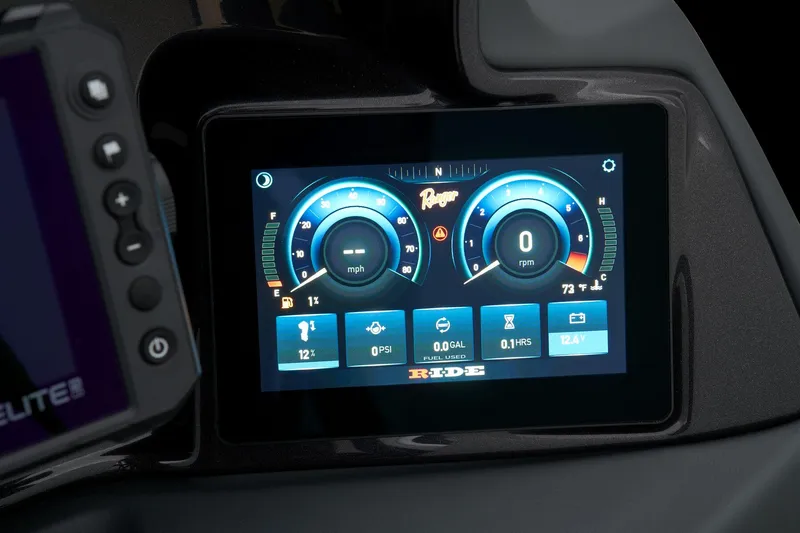 Slide: The Image of Digital dashboard of 2024 Ranger Reata 223F boat displaying speed and RPM. - 39