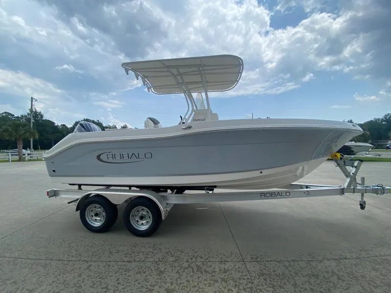 Slide: The Image of 2026 Robalo 202 EXPLORER boat on trailer under cloudy sky. - 5