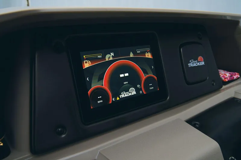 Slide: The Image of 2024 Sun Tracker Party Barge 20 DLX dashboard with digital display. - 36