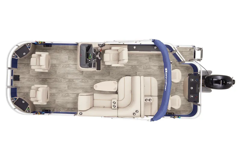 Slide: The Image of 2024 Ranger Reata 220F pontoon boat interior layout with seating and helm. - 18