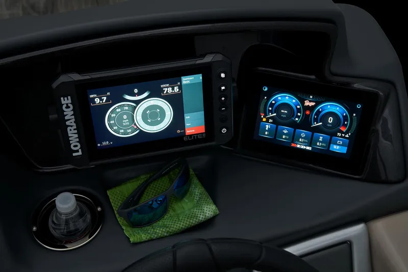 Slide: The Image of Dashboard of 2024 Ranger Reata 220F with Lowrance Elite display and gauges. - 40