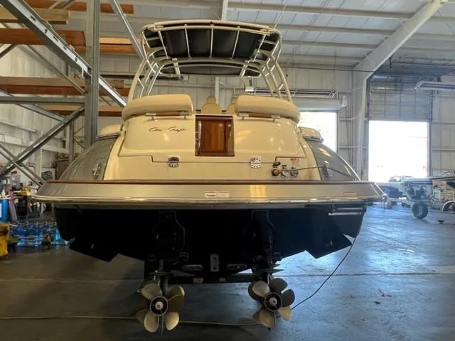 Slide: The Image of 2018 Chris-Craft Launch 38 boat in a warehouse, rear view. - 3