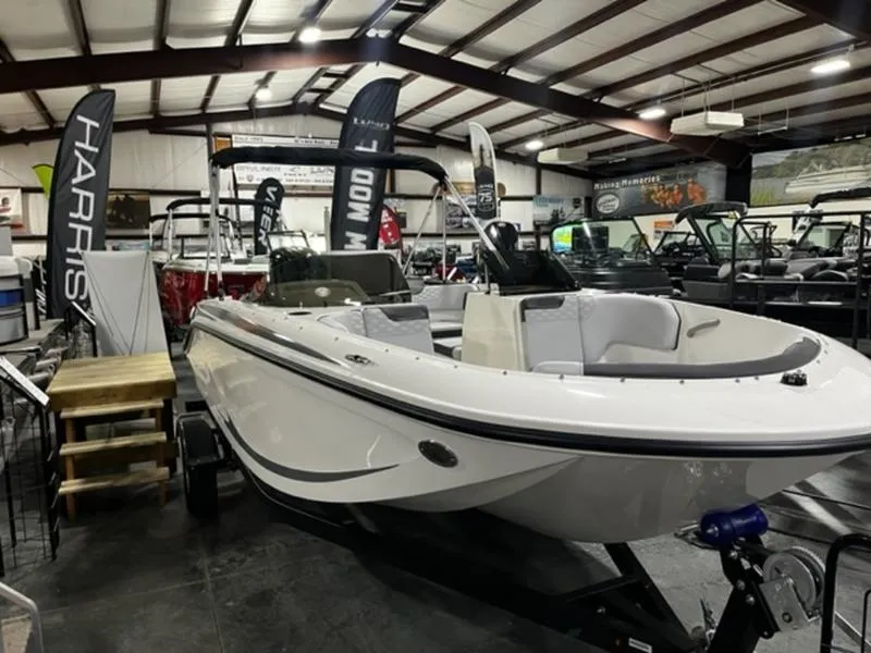 Slide: The Image of 2024 Bayliner Element M17 boat on display in a showroom. - 3
