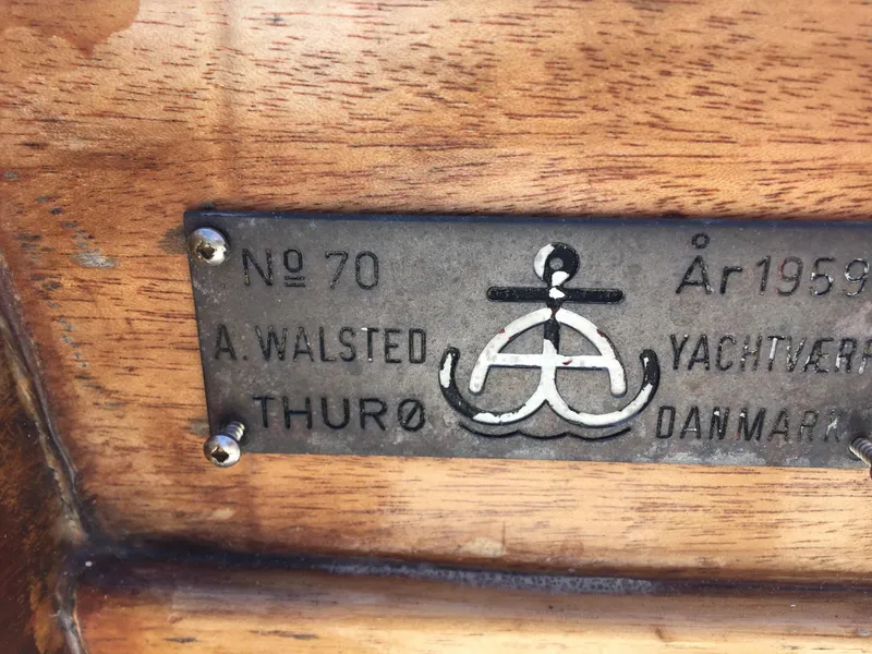 Slide: The Image of Plaque on wooden surface, A. Walsted Yachtværft, Thurø, Denmark, No. 70, Year 1959. - 18
