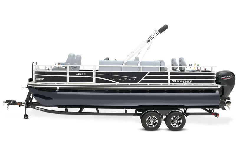 Slide: The Image of 2024 Ranger Reata 223F pontoon boat on trailer, side view. - 14
