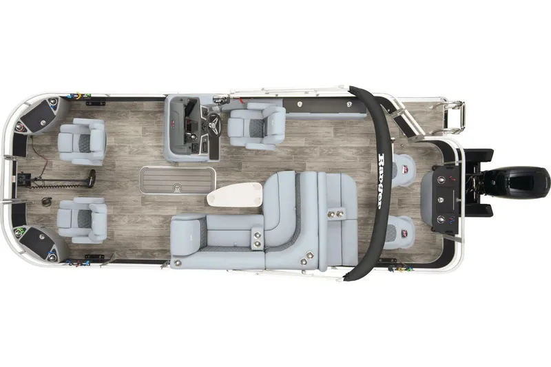 Slide: The Image of 2024 Ranger Reata 223F pontoon boat interior layout, featuring spacious seating and modern amenities. - 16