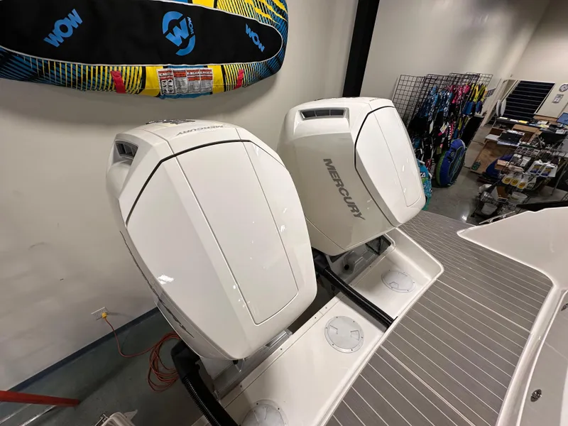 Slide: The Image of Twin Mercury outboard engines on 2023 Sea Ray Sundancer 370 OB boat. - 32