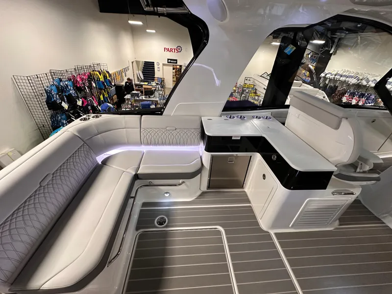 Slide: The Image of 2023 Sea Ray Sundancer 370 OB interior with sleek seating and modern design. - 40