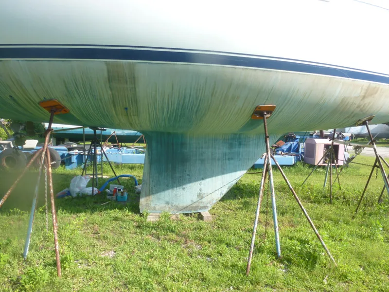 Slide: The Image of 1990 Sabre 425 sailboat hull on stands for maintenance. - 6