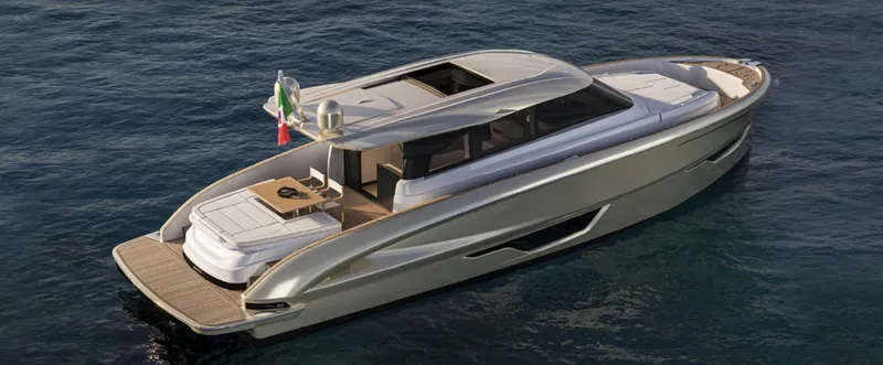 Slide: The Image of 2025 Solaris 52 Coupe yacht on calm blue water, showcasing sleek design and luxury features. - 3