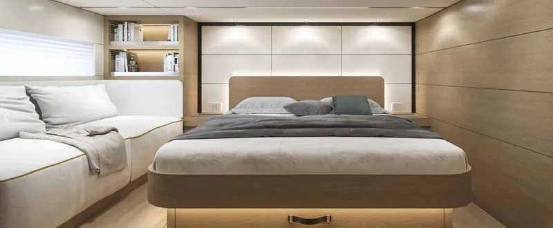 Slide: The Image of Luxurious interior of 2025 Solaris 52 Coupe yacht bedroom with modern design. - 6