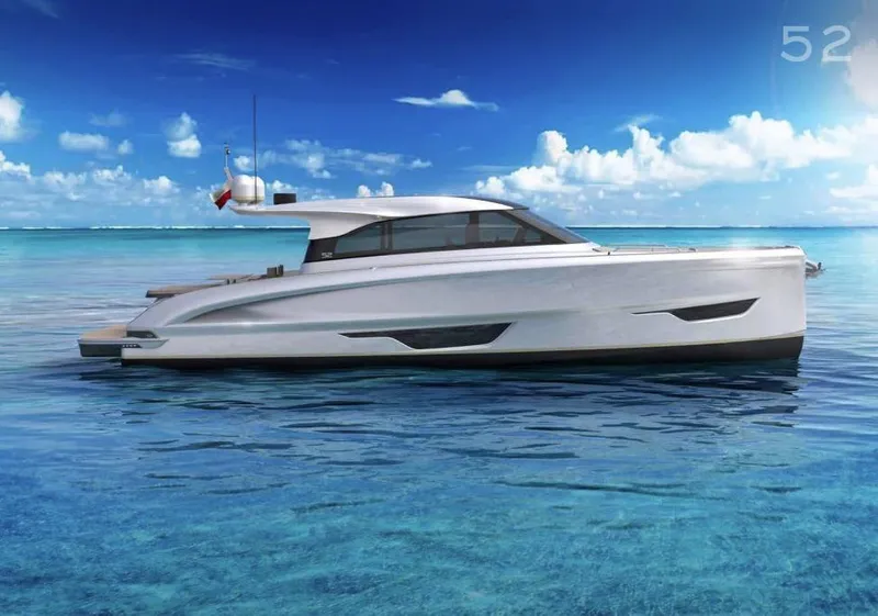 Slide: The Image of 2025 Solaris 52 Coupe yacht on clear blue ocean under a sunny sky. - 2