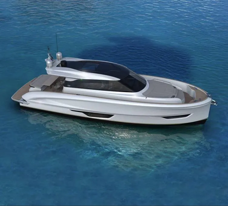 Slide: The Image of 2025 Solaris 52 Coupe yacht on clear blue water, showcasing sleek design and luxury. - 4
