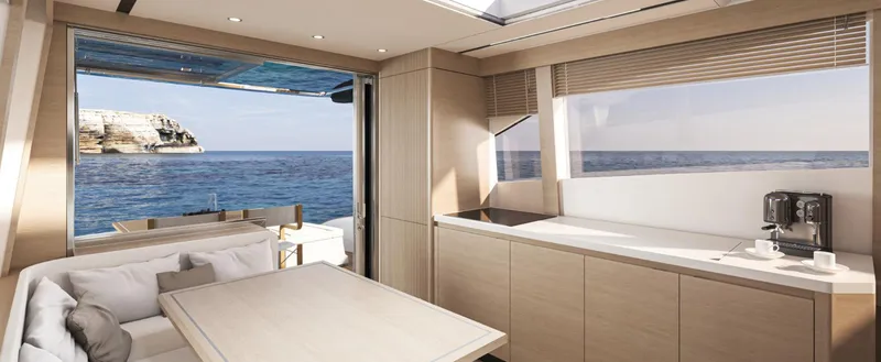 Slide: The Image of Luxurious interior of 2025 Solaris 52 Coupe yacht with ocean view. - 6