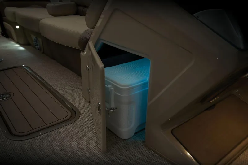 Slide: The Image of 2024 Regency 250 DL3 boat interior storage compartment with cooler. - 46
