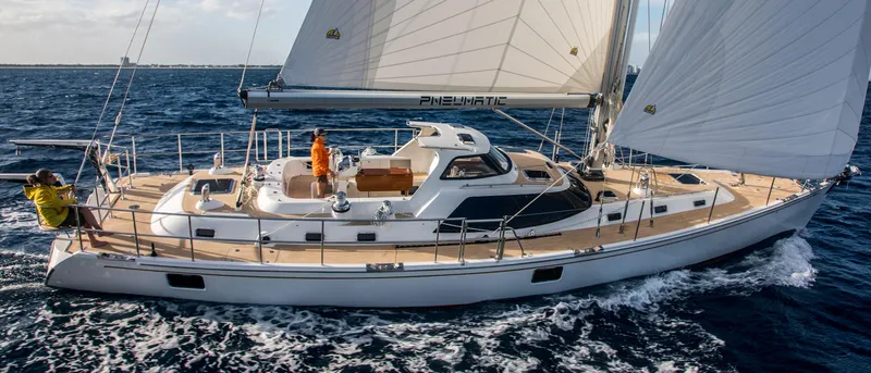 Slide: The Image of Outbound 56 sailboat from 2020 navigating ocean waters with full sails. - 2