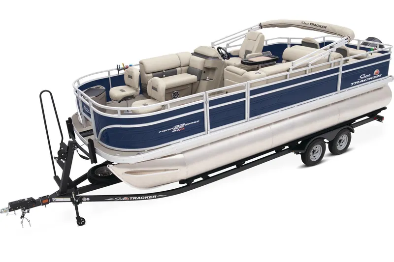 Slide: The Image of 2024 Sun Tracker Fishin' Barge 22 XP3 pontoon boat on trailer. - 5