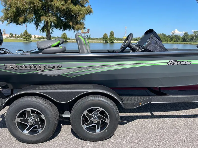 Slide: The Image of 2024 Ranger RT188P boat on trailer by a lake. - 2