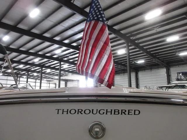 Slide: The Image of 2023 Thoroughbred u23i boat with American flag in indoor storage. - 35
