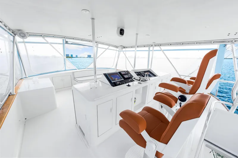 Slide: The Image of Interior helm of 1996 Blackwell 72 yacht with leather seats and navigation equipment. - 42