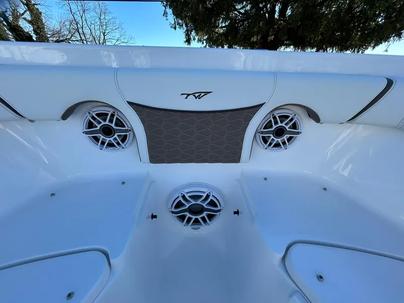 Slide: The Image of 2025 Tidewater 256 LXF boat interior with speakers and sleek design. - 17
