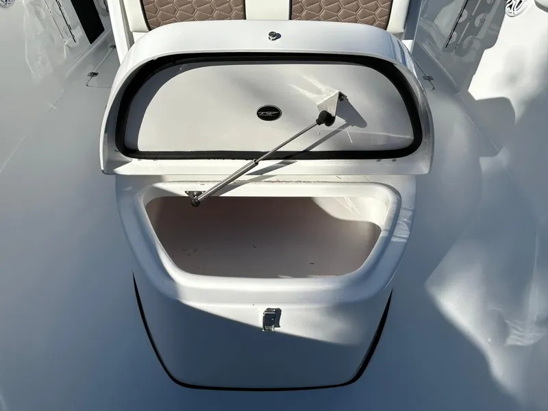 Slide: The Image of 2025 Tidewater 256 LXF boat storage compartment open, showcasing interior space. - 25