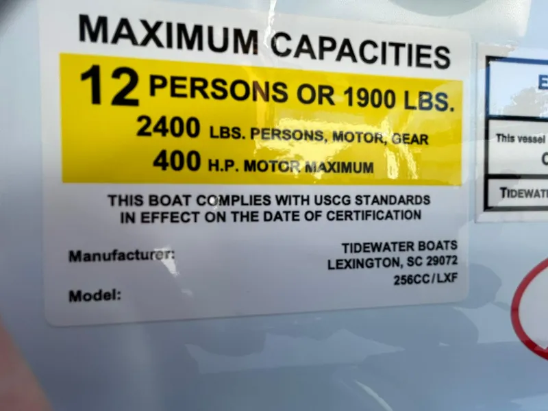 Slide: The Image of Tidewater 256 LXF 2025 boat capacity label: 12 persons or 1900 lbs, 400 HP max. - 44