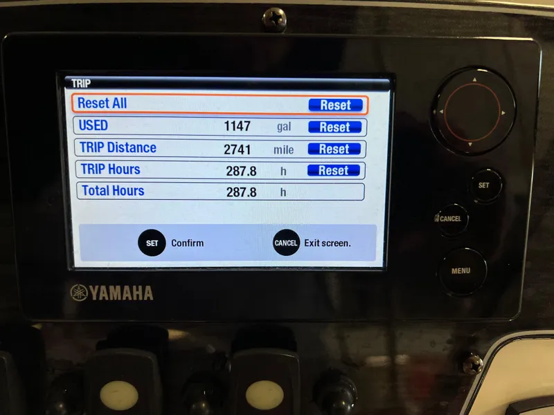 Slide: The Image of Yamaha trip monitor on 2016 Grady-White Freedom 225 boat showing trip data. - 2