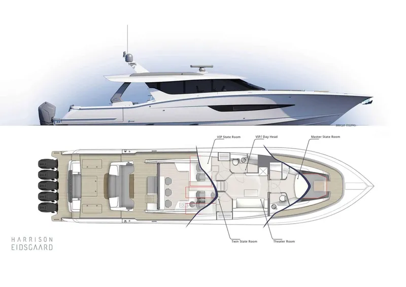 Slide: The Image of 2025 Scout 67 LX luxury yacht with detailed floor plan and side profile. - 4