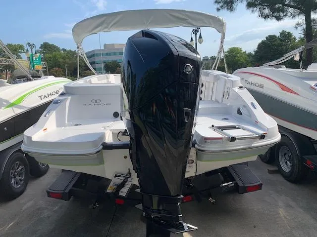 Slide: The Image of 2024 Tahoe 2150 CC boat with outboard motor, rear view. - 2