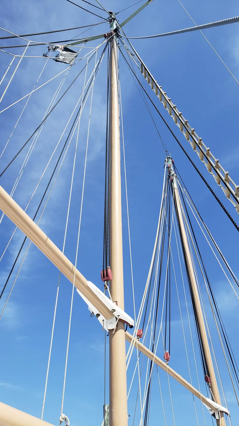 Slide: The Image of Alt text: 1996 Custom Biloxi Schooner masts and rigging against blue sky. - 12
