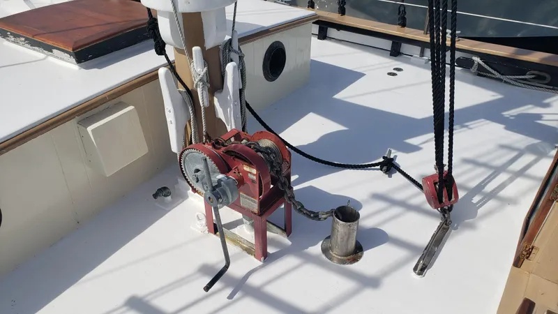 Slide: The Image of Deck of a 1996 Custom Biloxi Schooner with winch and rigging. - 39