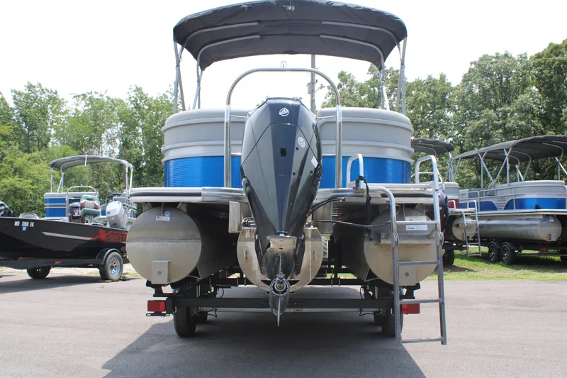 Slide: The Image of 2021 Lowe SS250 Super Sport pontoon boat with outboard motor, rear view. - 3