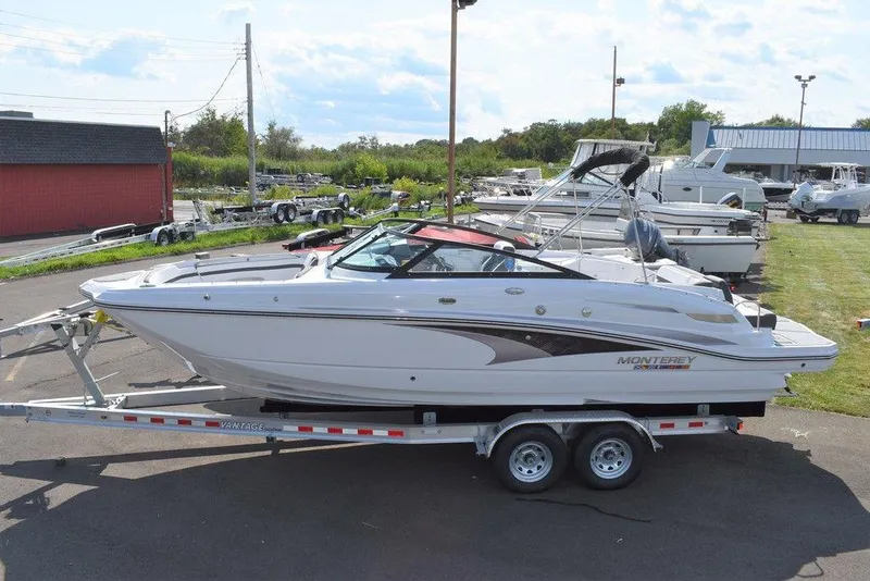 Slide: The Image of 2024 Monterey M6 boat on a trailer in a marina. - 5