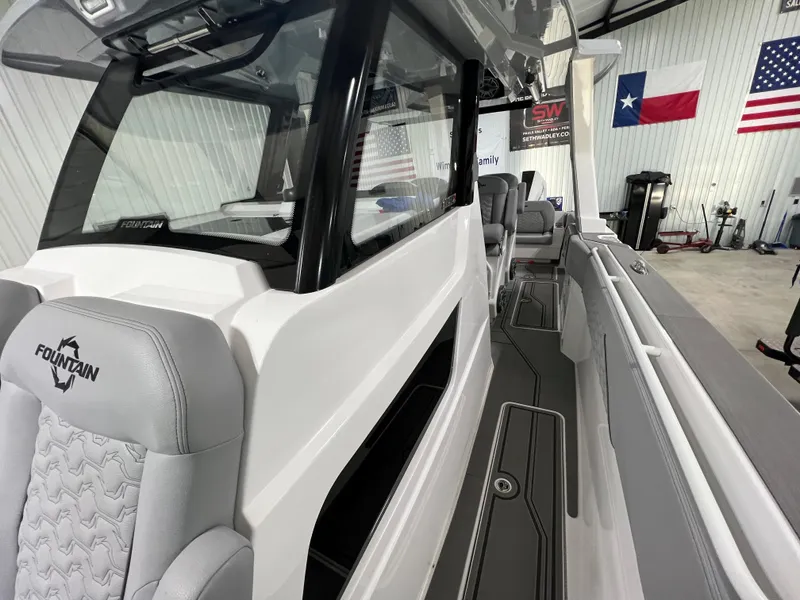 Slide: The Image of 2023 Fountain 38 SCX boat interior with sleek design and comfortable seating. - 31