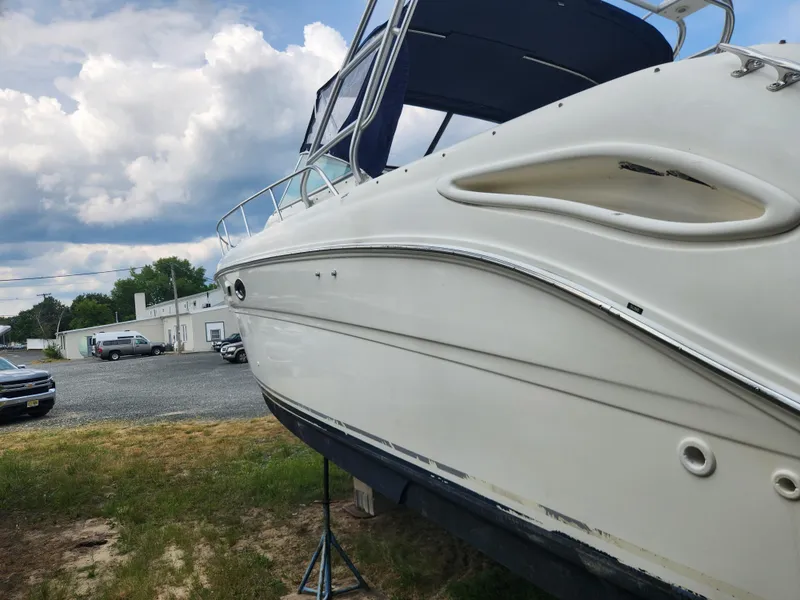 Slide: The Image of 2004 Sea Ray 290 Amberjack boat on land with blue canopy. - 29