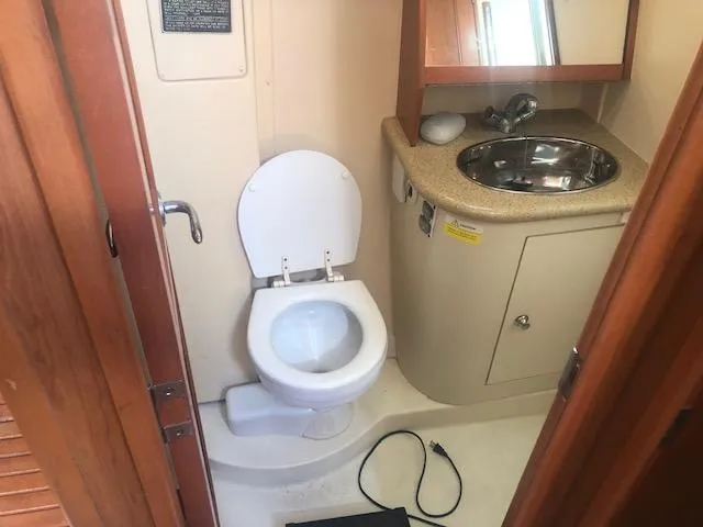 Slide: The Image of 2008 Hunter 41 Deck Salon bathroom with toilet and sink. - 4