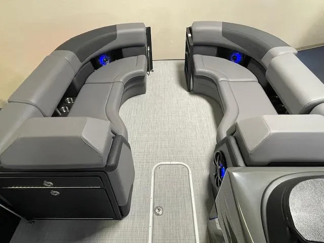 Slide: The Image of Luxurious interior of 2026 South Bay 525 RS 3.0 Arch pontoon boat with gray seating. - 4