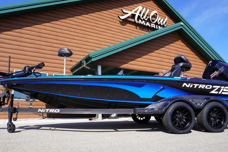 The Image of 2024 Nitro Z19 boat at All Out Marine dealership, showcasing sleek design and vibrant blue accents. - 44