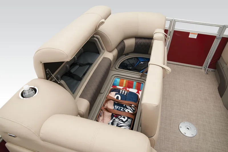 Slide: The Image of 2024 Sun Tracker Party Barge 22 XP3 pontoon boat with red side panels. - 17