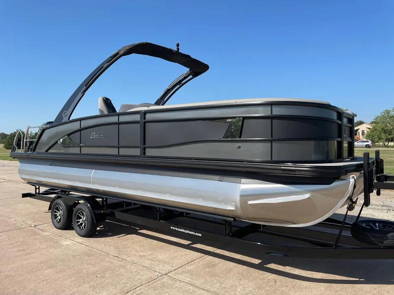 Slide: The Image of 2024 Barletta Lusso 25UCA pontoon boat on a trailer, side view. - 11