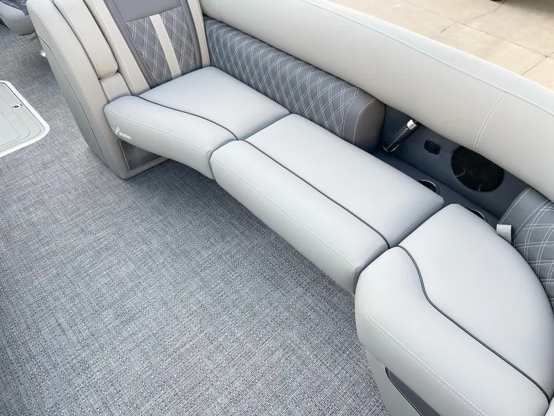 Slide: The Image of 2024 Barletta Lusso 25UCA luxury boat interior with gray cushioned seating. - 23