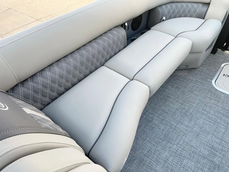 Slide: The Image of 2024 Barletta Lusso 25UCA luxury boat interior with gray quilted seating. - 44