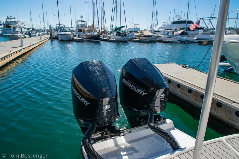 Slide: The Image of Twin Mercury engines on a 2023 NX Boats 290 Exclusive Edition at a marina. - 37