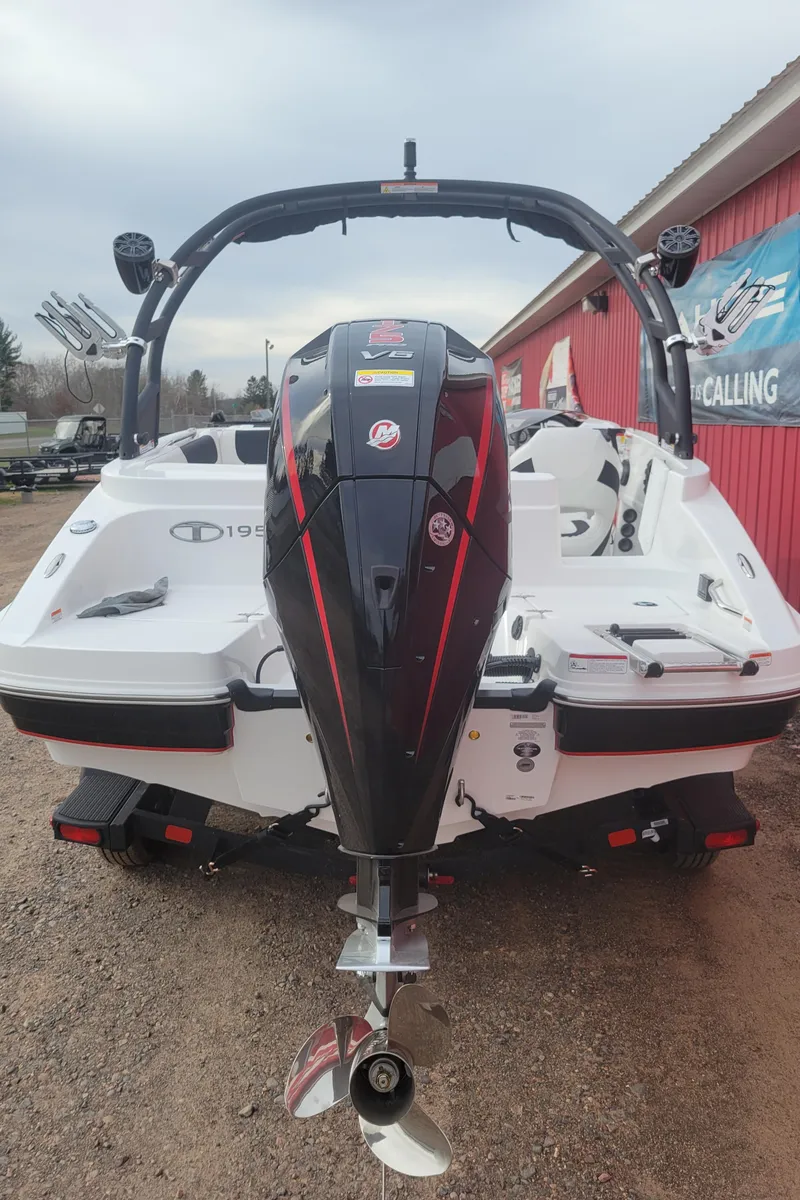 Slide: The Image of 2024 Tahoe 1950 boat with outboard motor, rear view. - 2