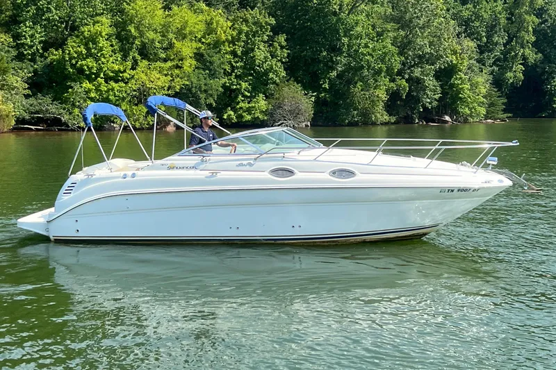 The Image of 2001 Sea Ray 260 Sundancer boat on a lake with lush green trees in the background. - 0