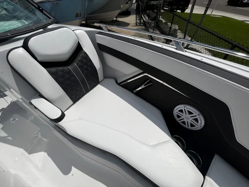 Slide: The Image of Luxurious seating on the 2024 Monterey 275 Super Sport boat, featuring premium upholstery and built-in speakers. - 27
