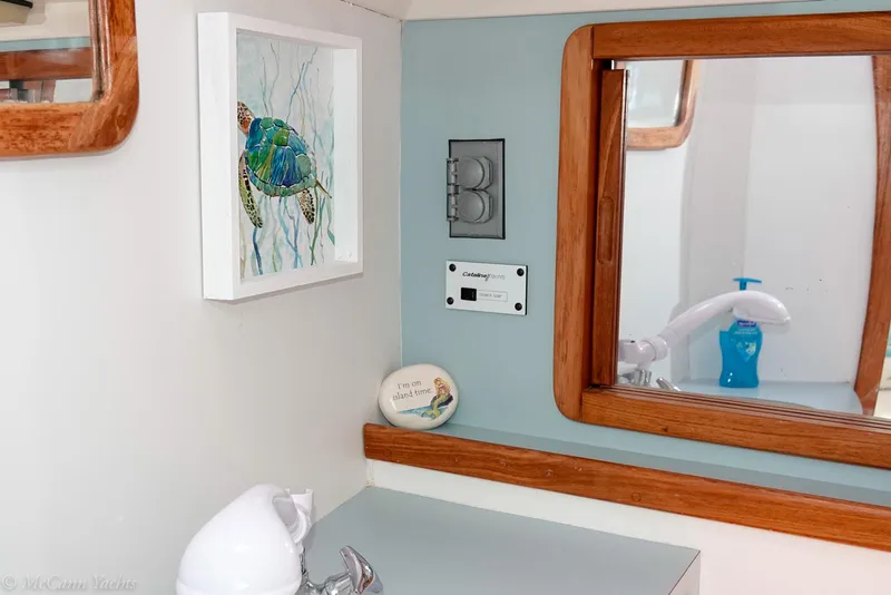 Slide: The Image of Interior of 1991 Catalina 42 sailboat bathroom with turtle artwork and mirror. - 27