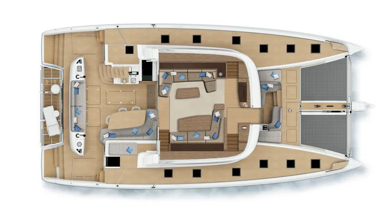 Slide: The Image of Top view of 2025 Lagoon Sixty5 catamaran layout, showcasing spacious deck and seating areas. - 13