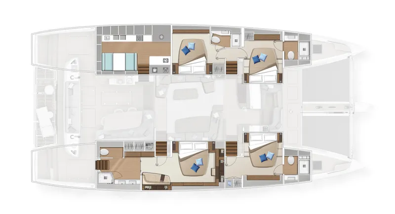 Slide: The Image of Floor plan of 2025 Lagoon Sixty5 catamaran, featuring spacious cabins and modern amenities. - 14